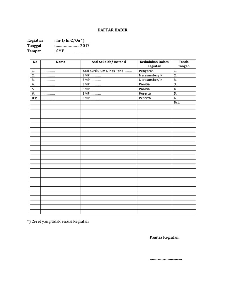 Contoh Format Daftar Hadir