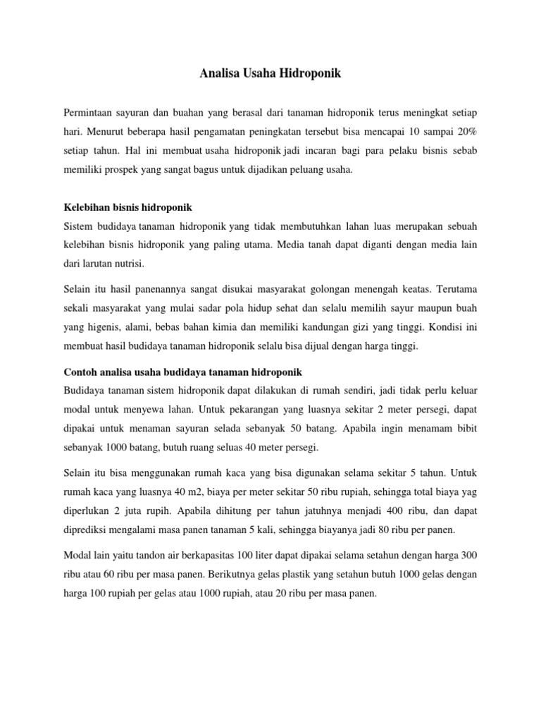 Analisa Usaha Hidroponik Pdf