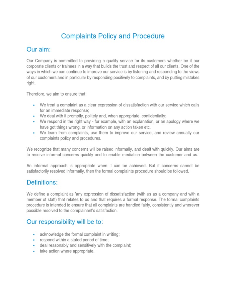 Complaints Policy and Procedure Guide | PDF | Confidentiality | Complaint