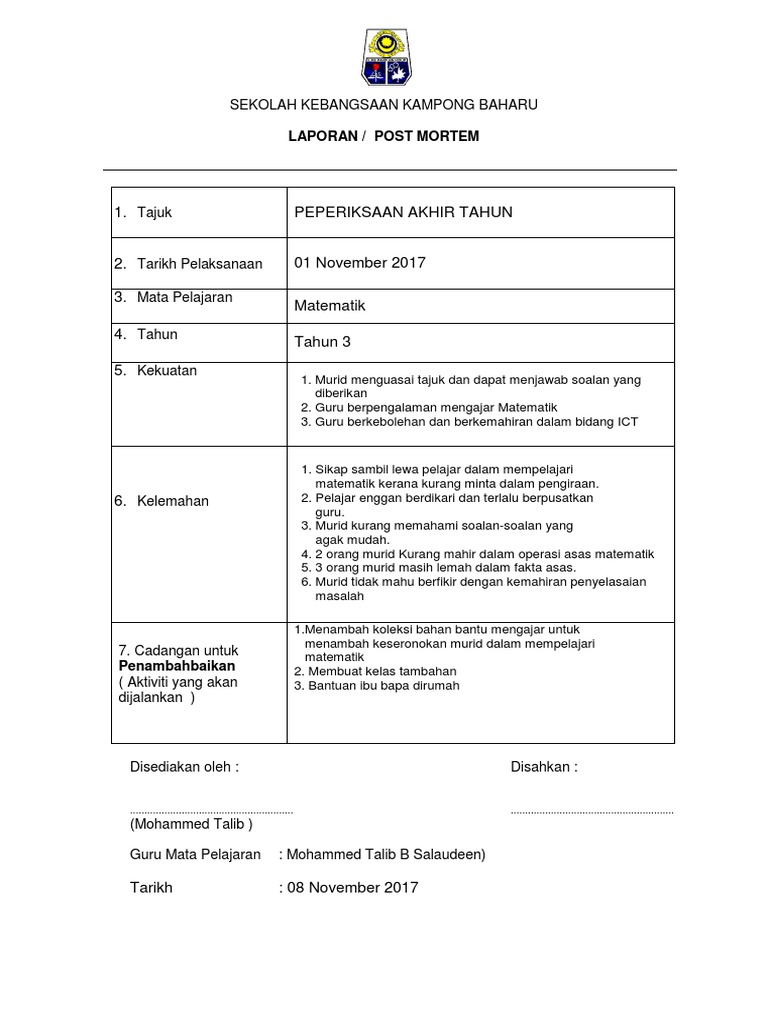 Brg Post Mortem Peperiksaan Akhir Tahun 2017 Pdf