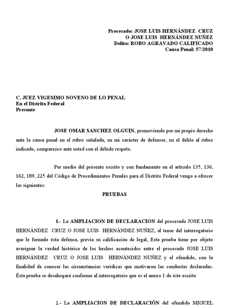 Escrito de Ofrecimiento de Pruebas materia Penal.