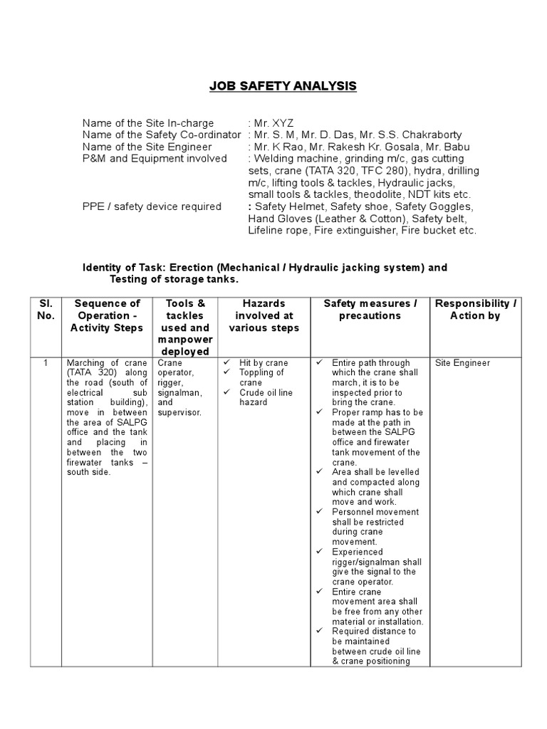 Job Safety Analysis for Tank Erection | PDF | Crane (Machine) | Welding