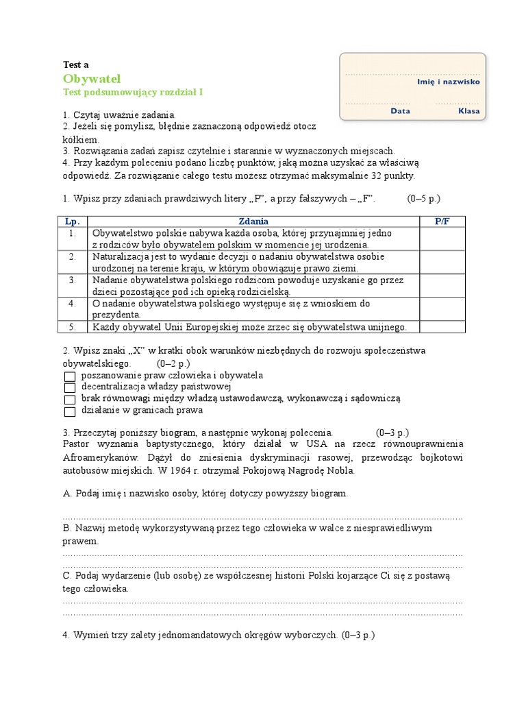 Wos Prawa Człowieka Test A Odpowiedzi WOS Test Obywatel A | PDF
