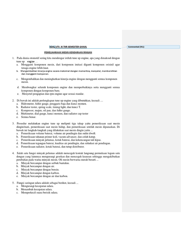 Soal Dan Jawaban Pemeliharaan Mesin Kendaraan Ringan Seputar Mesin