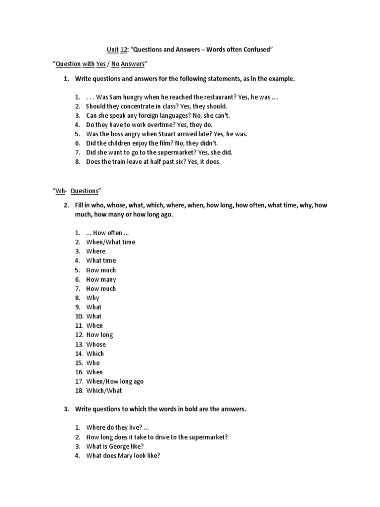 Unit 22 Questions and Answers Words Often Confused (Answer Key