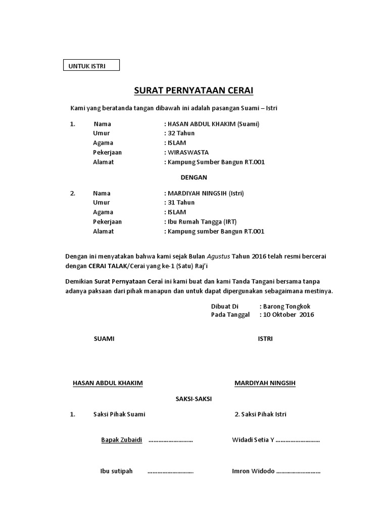 Surat Pernyataan Cerai Dari Suami | Surat Contoh