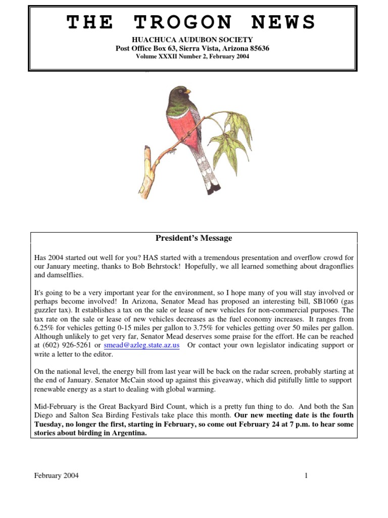 The Trogon News Huachuca Audubon Society Post Office Box 63, Sierra