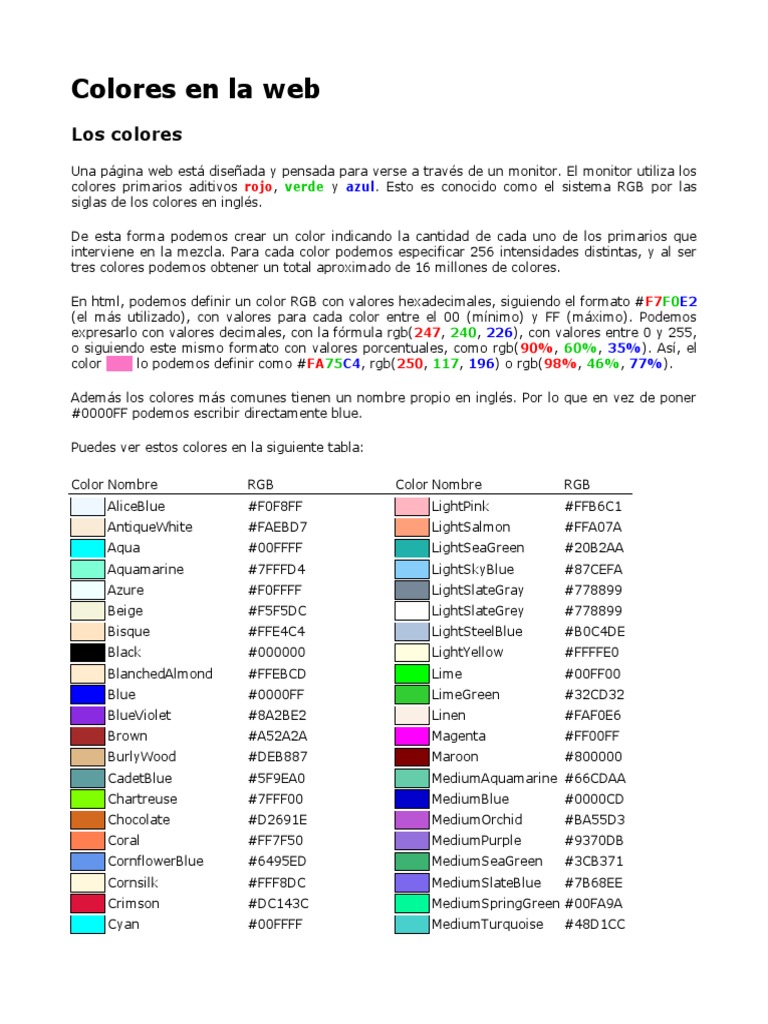 Tabla de Colores RGB y Nombres | PDF | Modelo de color Rgb | Color
