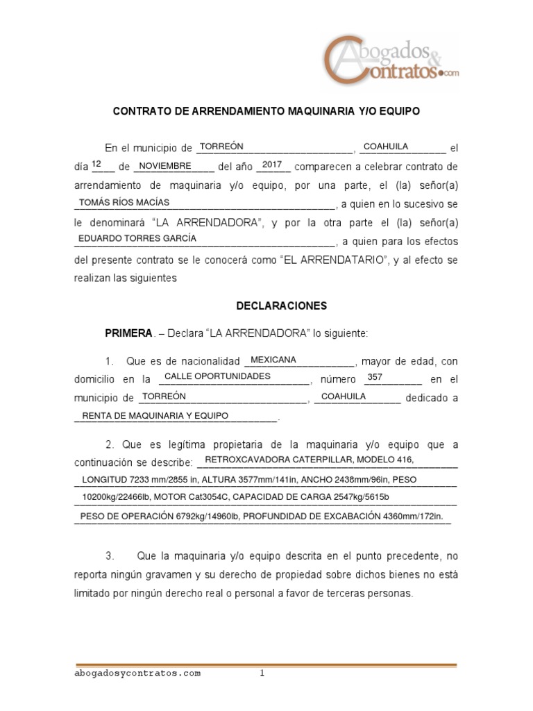 Contrato de Arrendamiento de Bien Mueble Pagos Política
