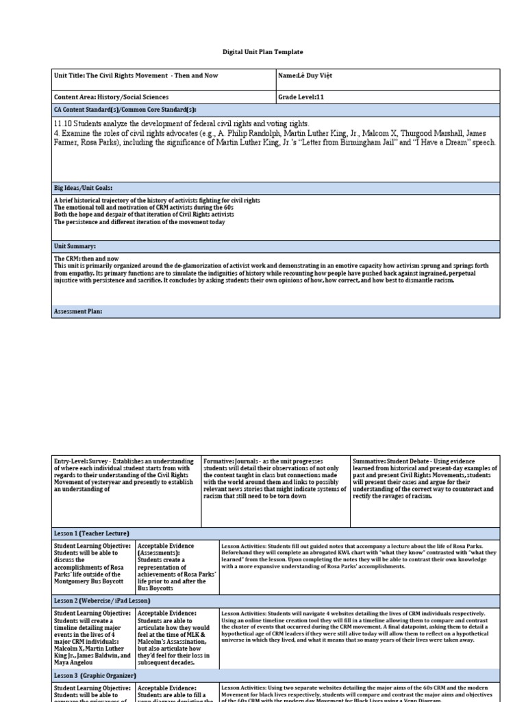 Civil Rights Movement Unit Plan | PDF | Martin Luther King Jr. | Rosa Parks
