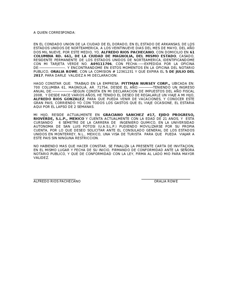 Modelo de Carta de Invitacion  Permanent Residence 