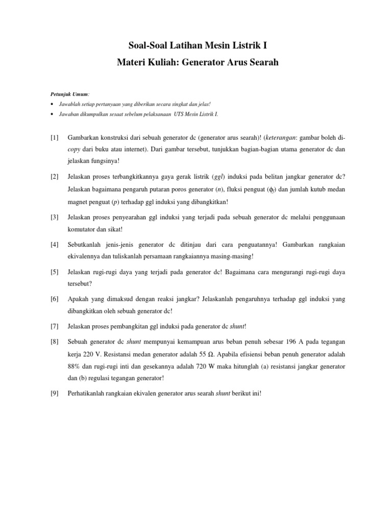 Soal Soal Latihan Generator Dc 2017 2018