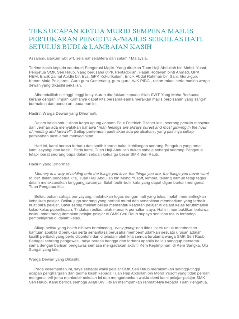 Cth Teks Ucapan Ketua Murid Sempena Majlis Pertukaran Pengetua Pdf