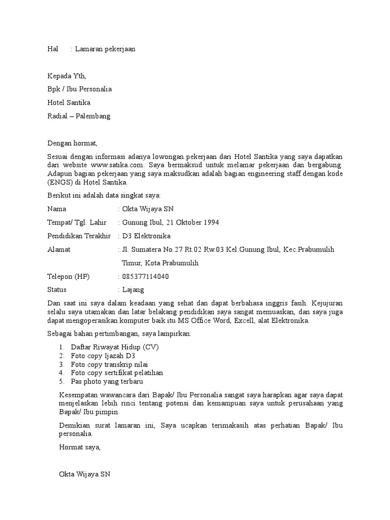 Download 70+ Contoh Surat Surat Lamaran Kerja Hotel Gratis Terbaru