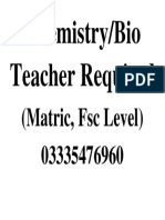 Chemistry/Bio Teacher Required: (Matric, FSC Level) 03335476960