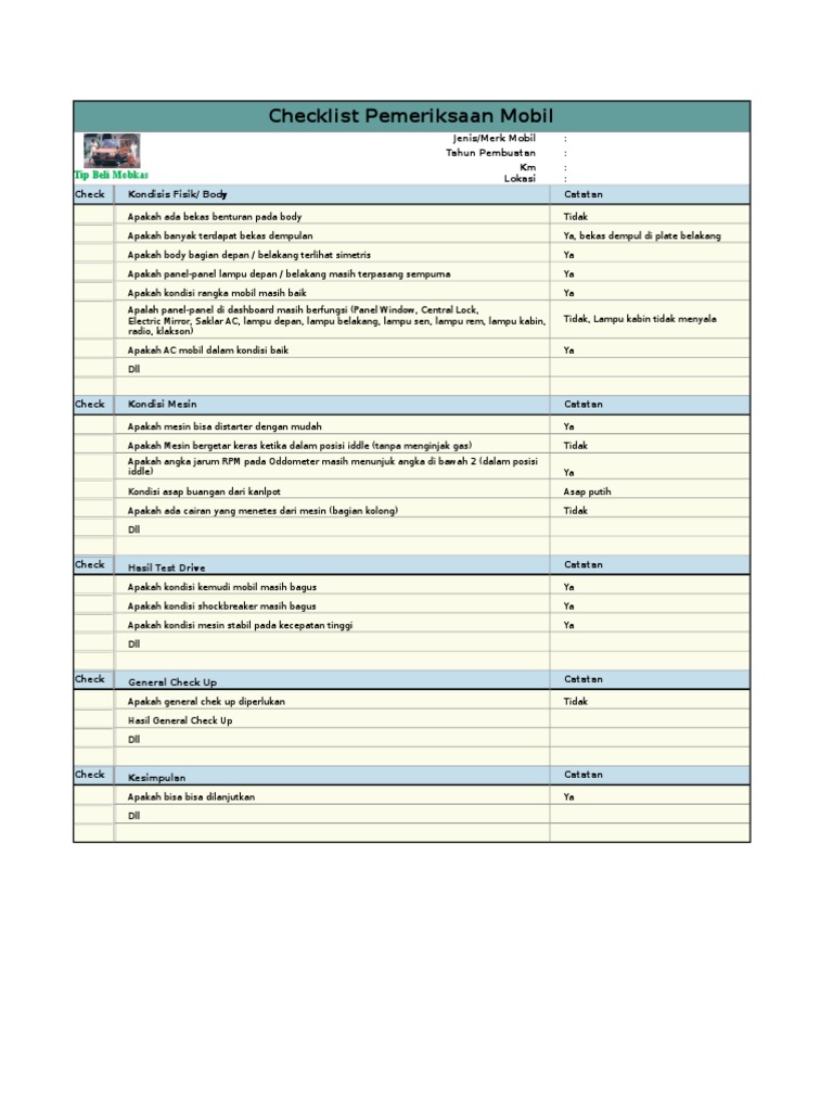 Checklist Pemeriksaan Mobil Operasional | PDF