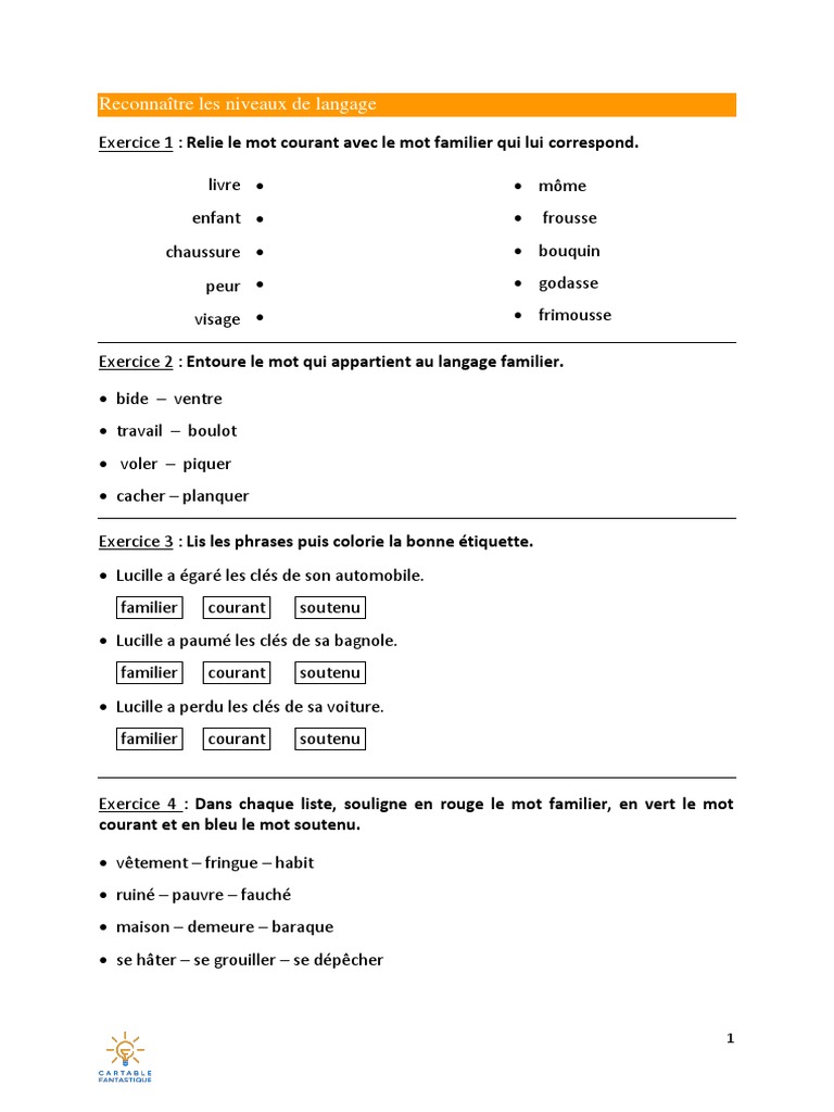Liste De Mots Familier Courant Soutenu Pdf Reconnaître Les Niveaux de Langage Pour La Classe | PDF
