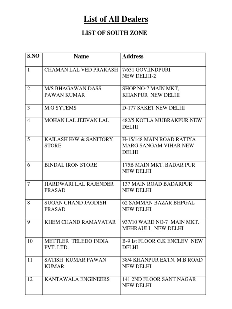 Dealer List for Delhi Locations | PDF