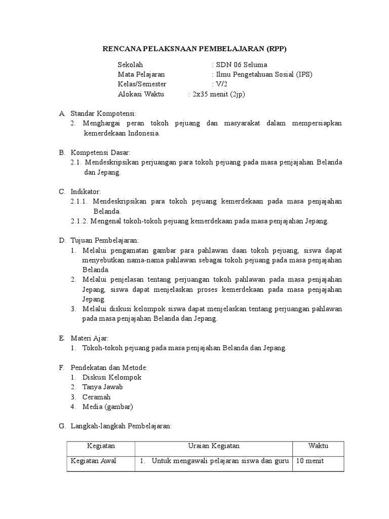 RPP IPS Kelas V: Pejuang Kemerdekaan | PDF | Kajian Bahasa Asing ...