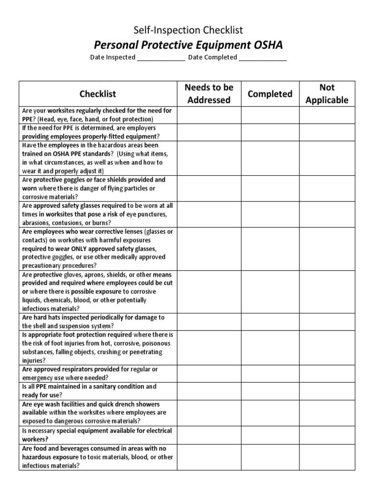 OSHA PPE Self-Inspection Checklist | PDF | Personal Protective ...