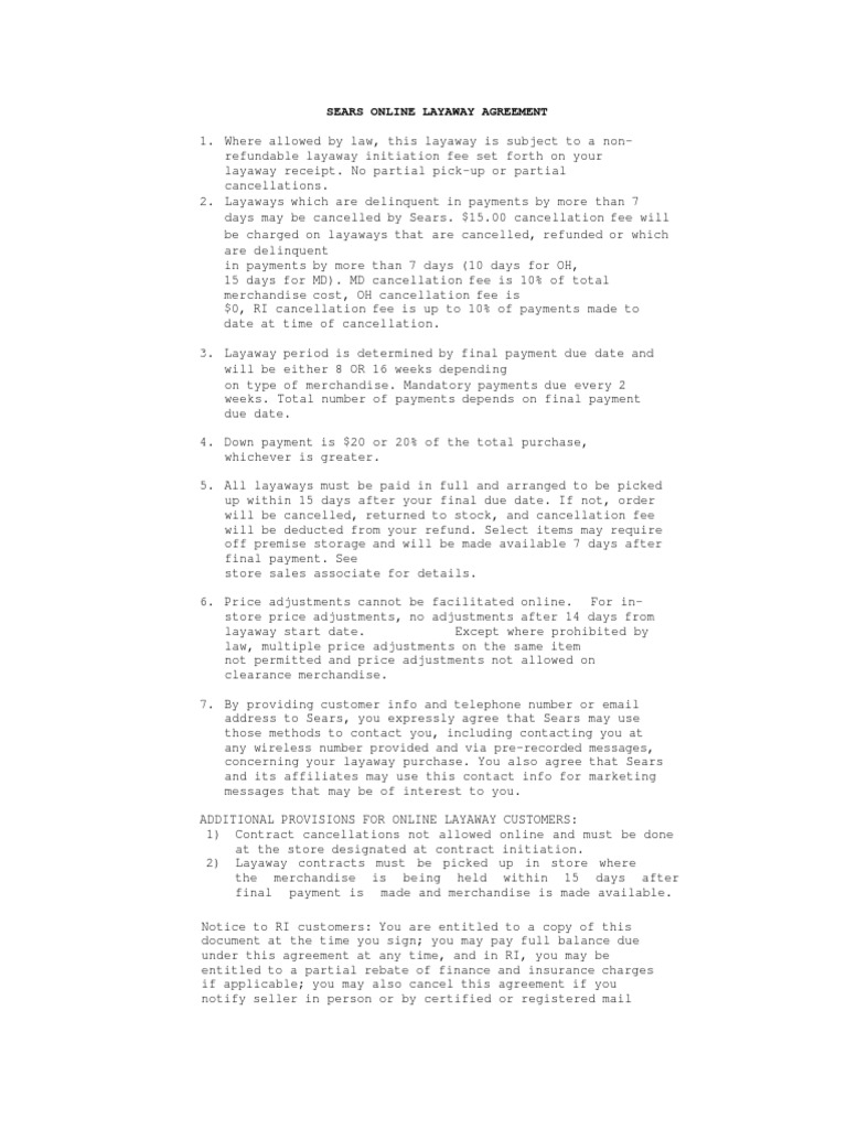 Sears Online Layaway Agreement PDF Fee Sears