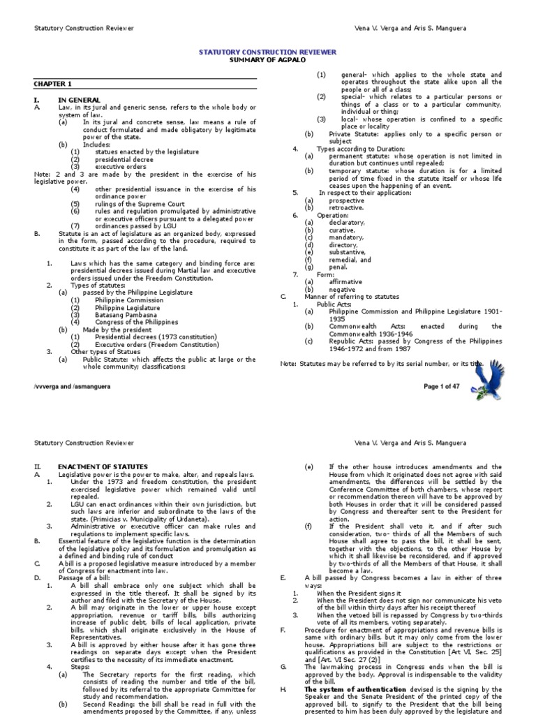 Statutory Construction Reviewer Bill (Law) Statutory