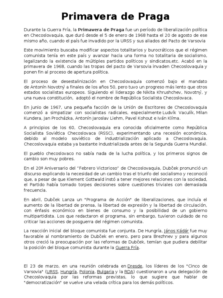 Primavera de Praga: Liberalización y Fin | PDF | Checoslovaquia | Comunismo