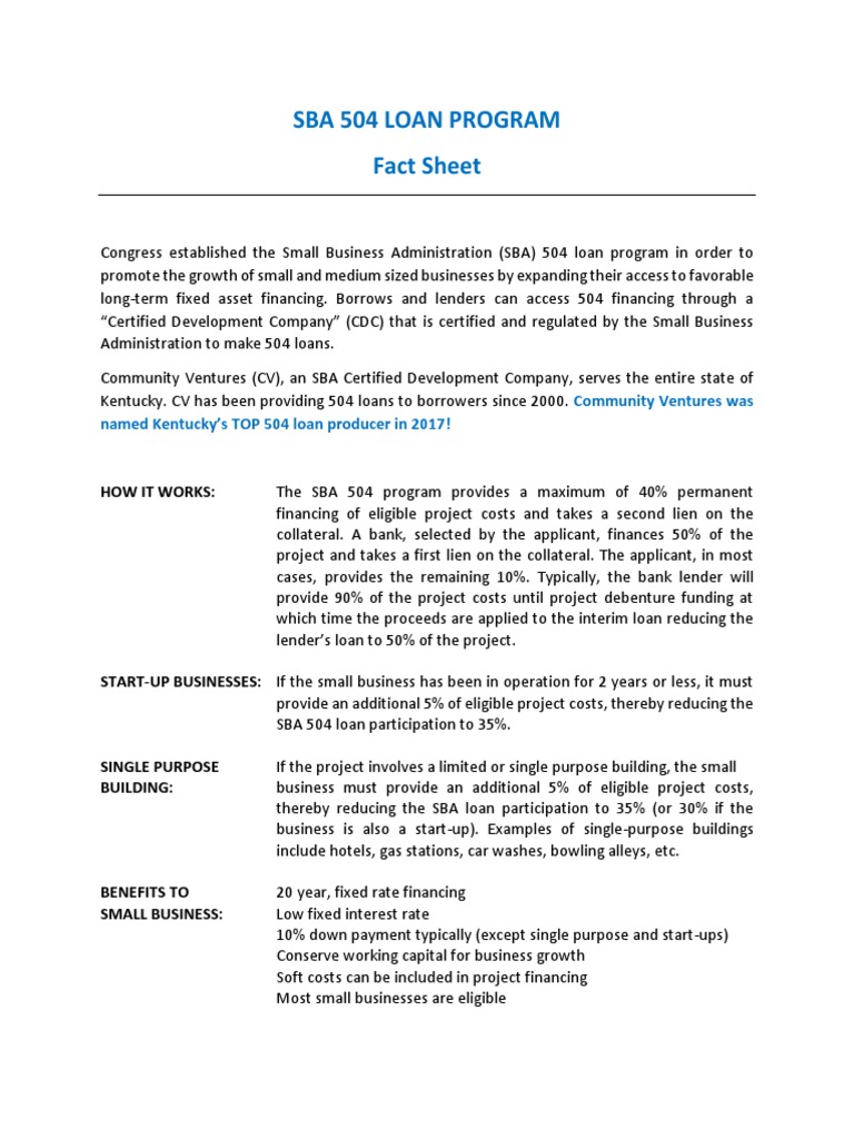 Sba 504 Loan Program Fact Sheet PDF Small Business Administration