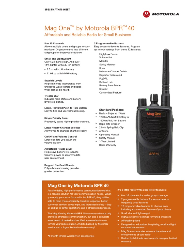 Motorola Bpr40 Specsheet | Very High Frequency | Decibel