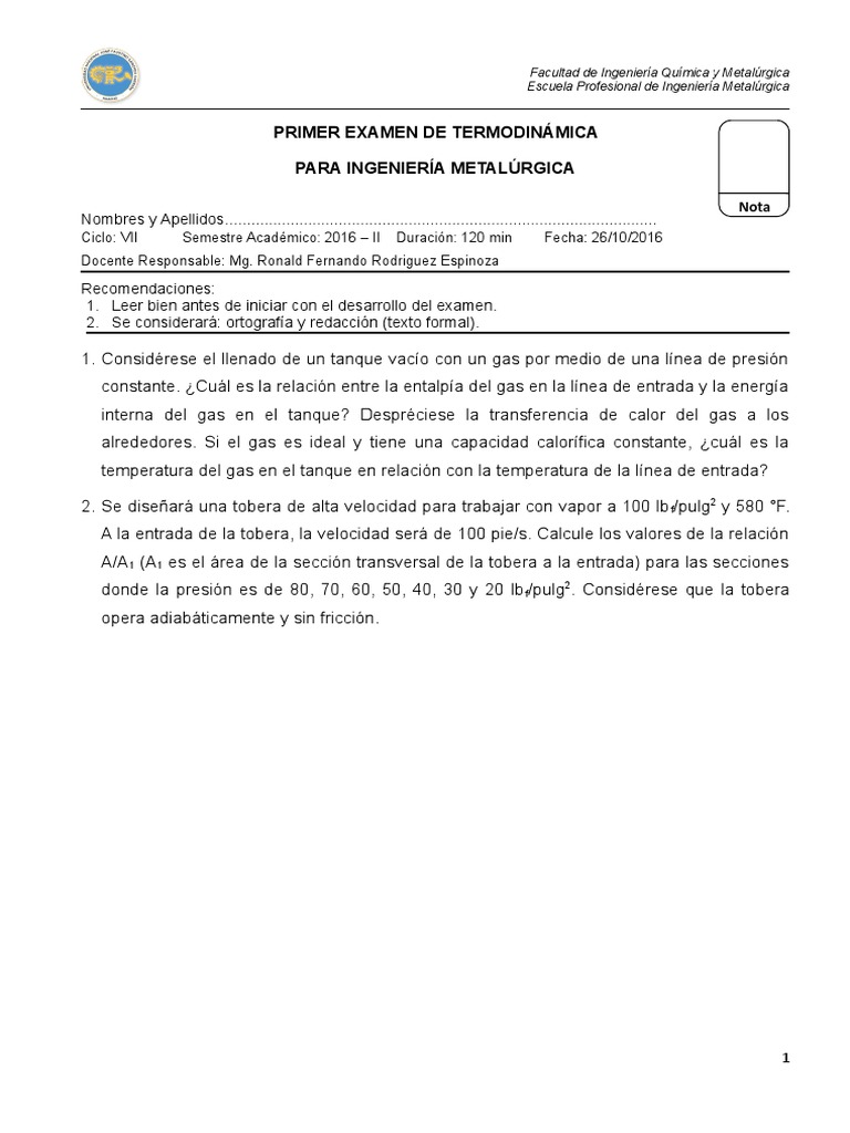 Examen de Termodinámica Metalúrgica 2016 | PDF | Boquilla | Gases