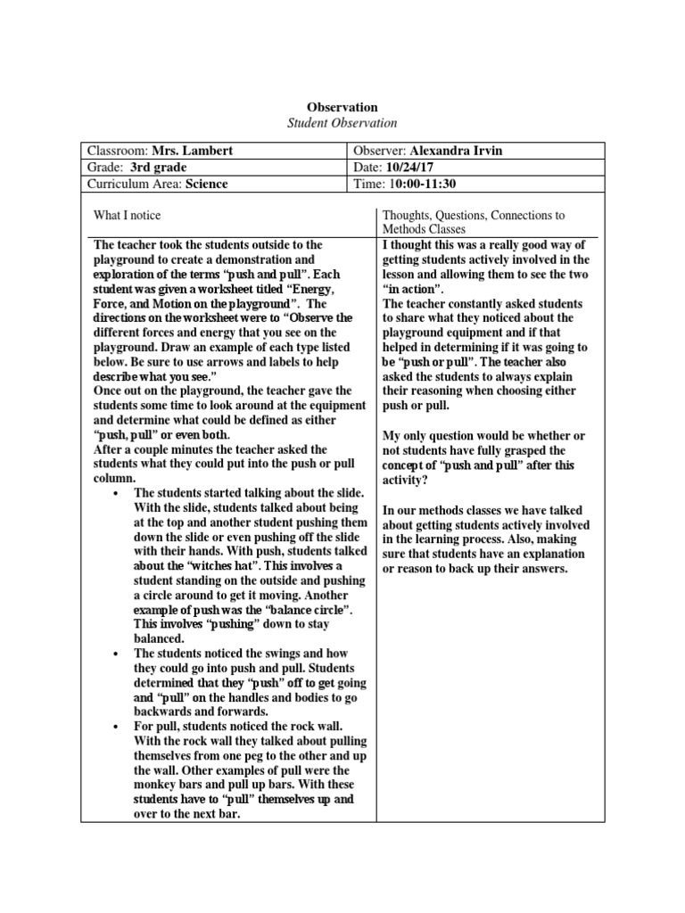 3rd Grade Science Observation: Push & Pull | PDF | Playground | Inquiry