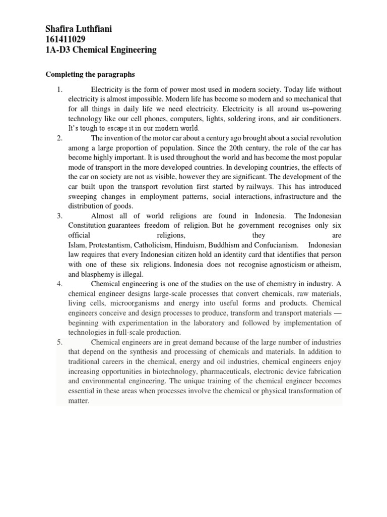 Completing The Paragraphs Fira | PDF | Chemical Engineering | Indonesia