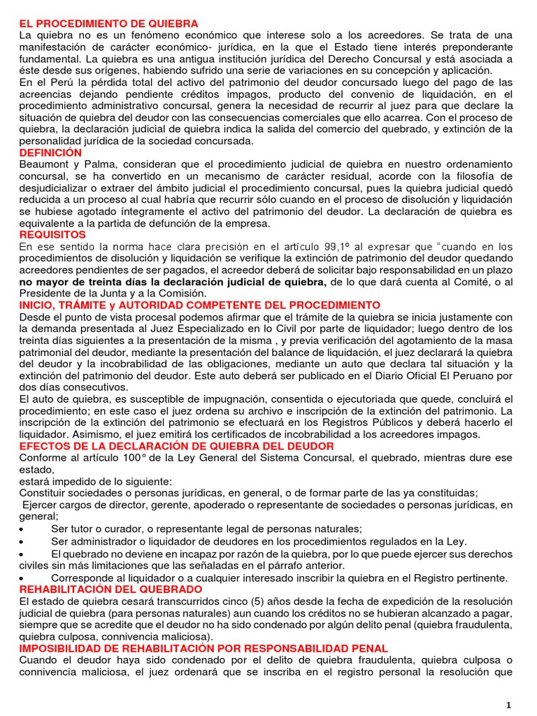 Procedimiento de Quiebra en Perú | PDF | Bancarrota | Pagos