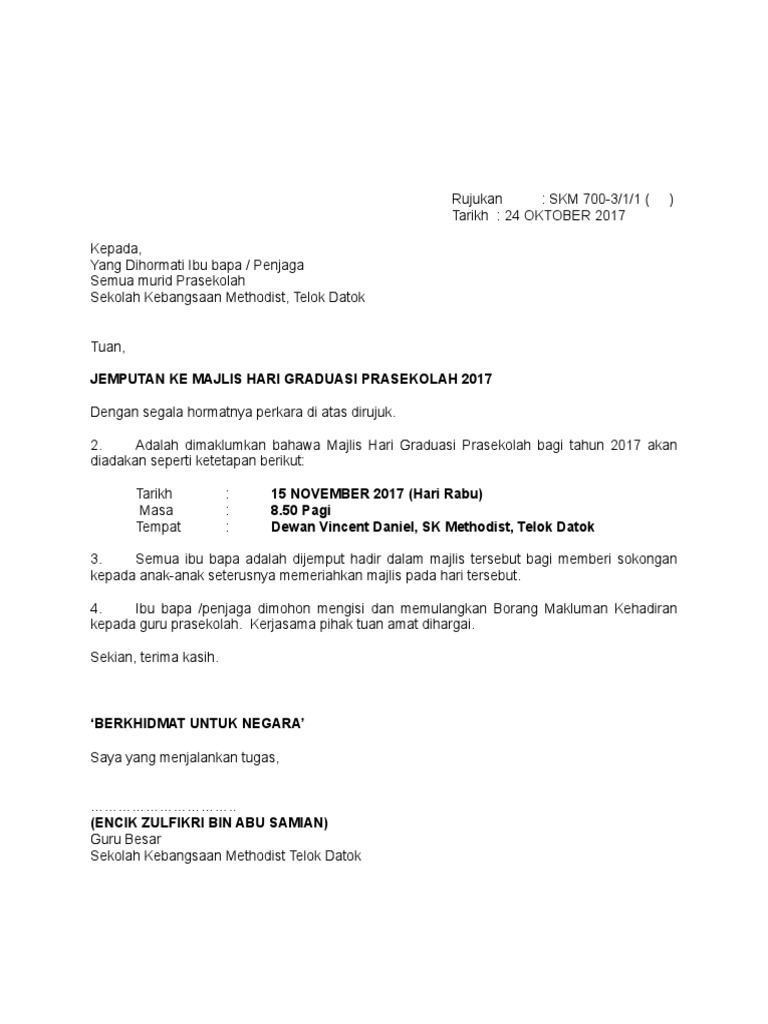 Surat Jemputan Ke Hari Guru Kepada Ibu Bapa