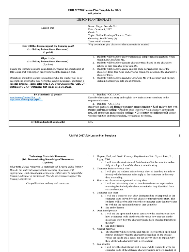 Character Traits Lesson Plan Lesson Plan Educational Assessment