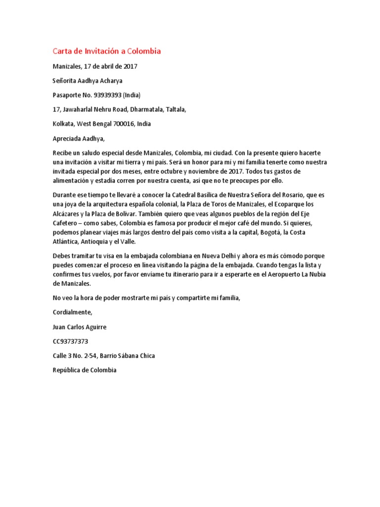 Carta de Invitación A Colombia | PDF | Colombia
