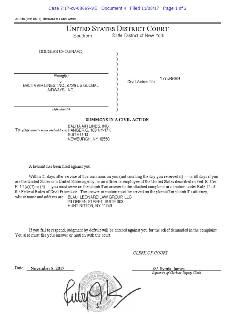 BLTA Summons Service Of Process Summons