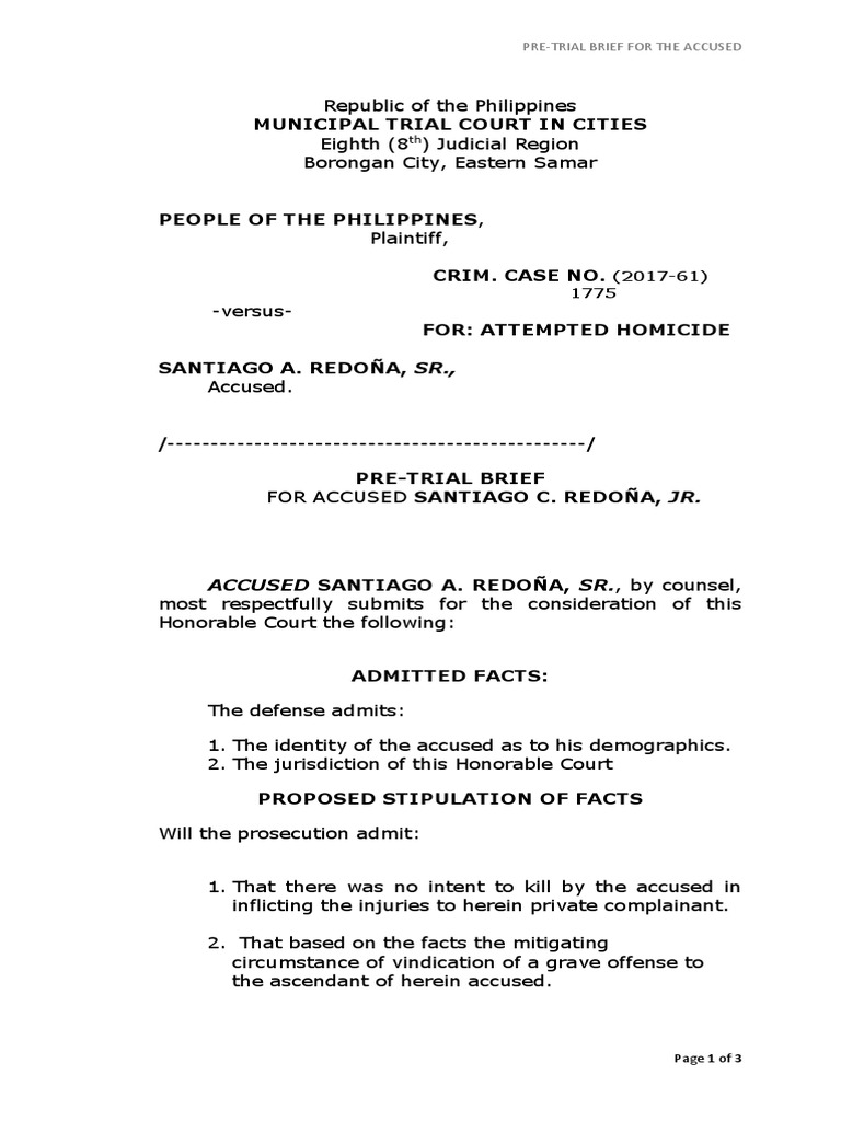 Pre-Trial Brief: Santiago A. Redoña, Sr. | PDF | Prosecutor | Lawsuit
