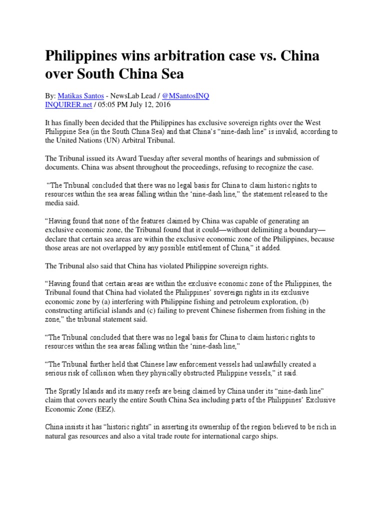 Philippines Wins South China Sea Arbitration | PDF | South China Sea ...