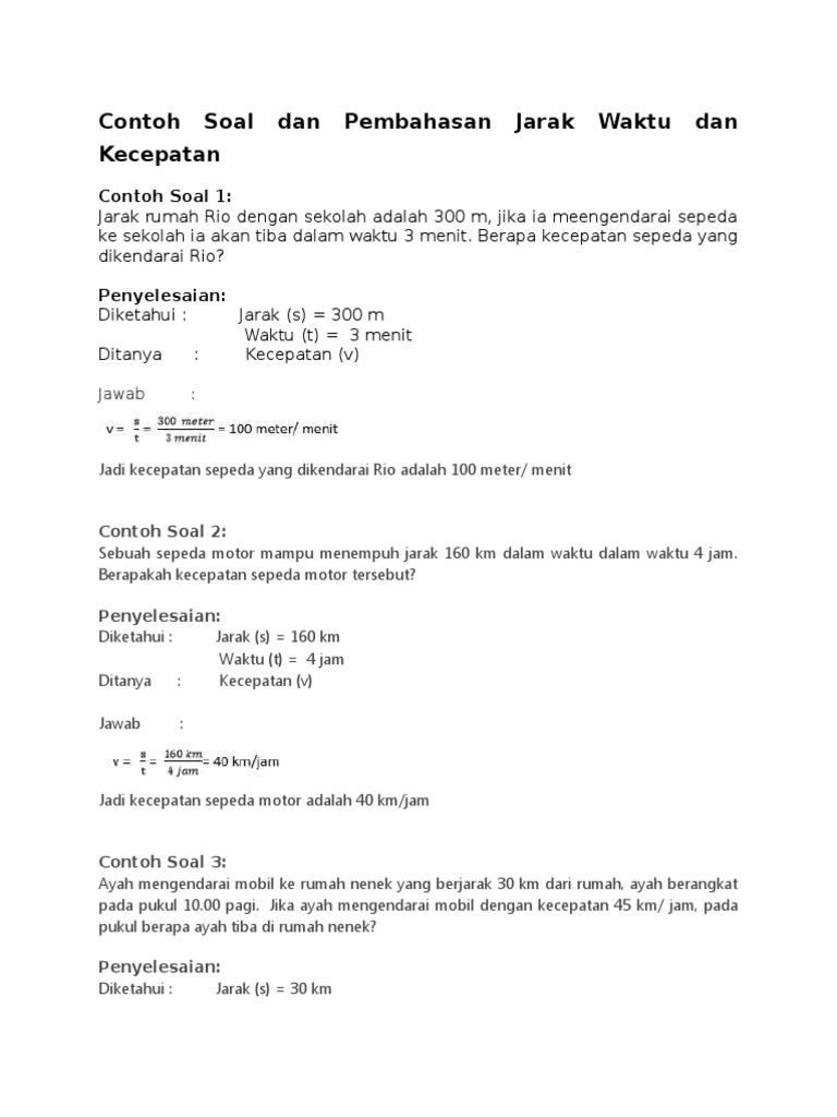 Contoh Soal Dan Pembahasan Jarak Waktu Dan Kecepatan