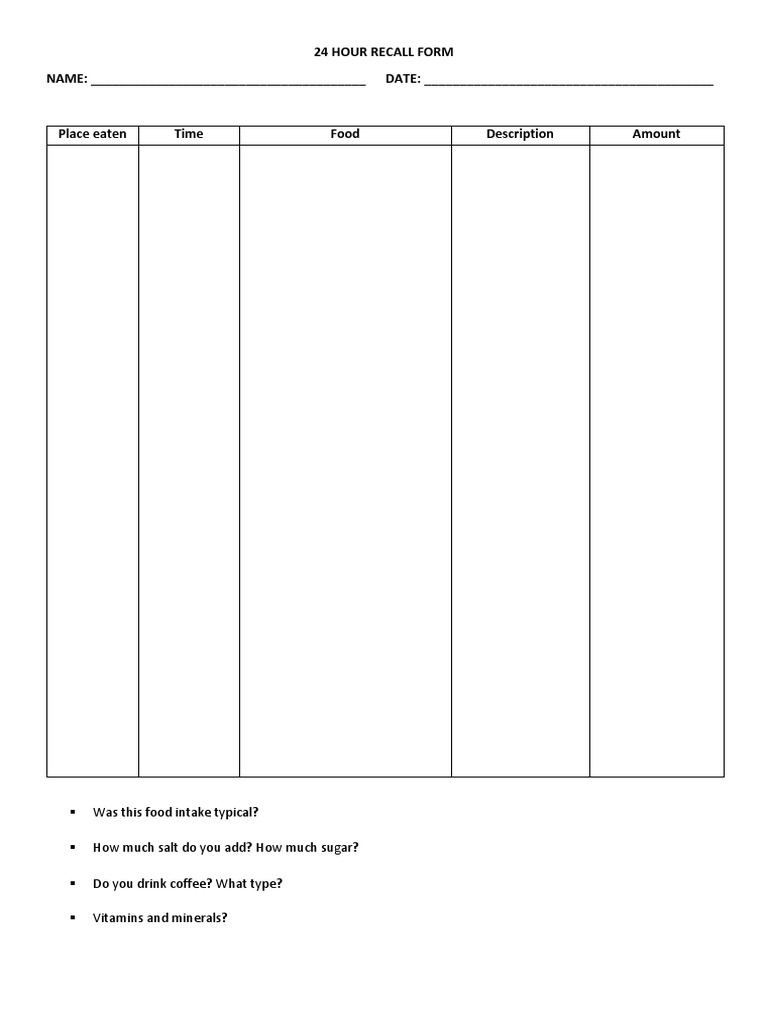 24-Hour Food Recall Form Template | PDF | Wellness