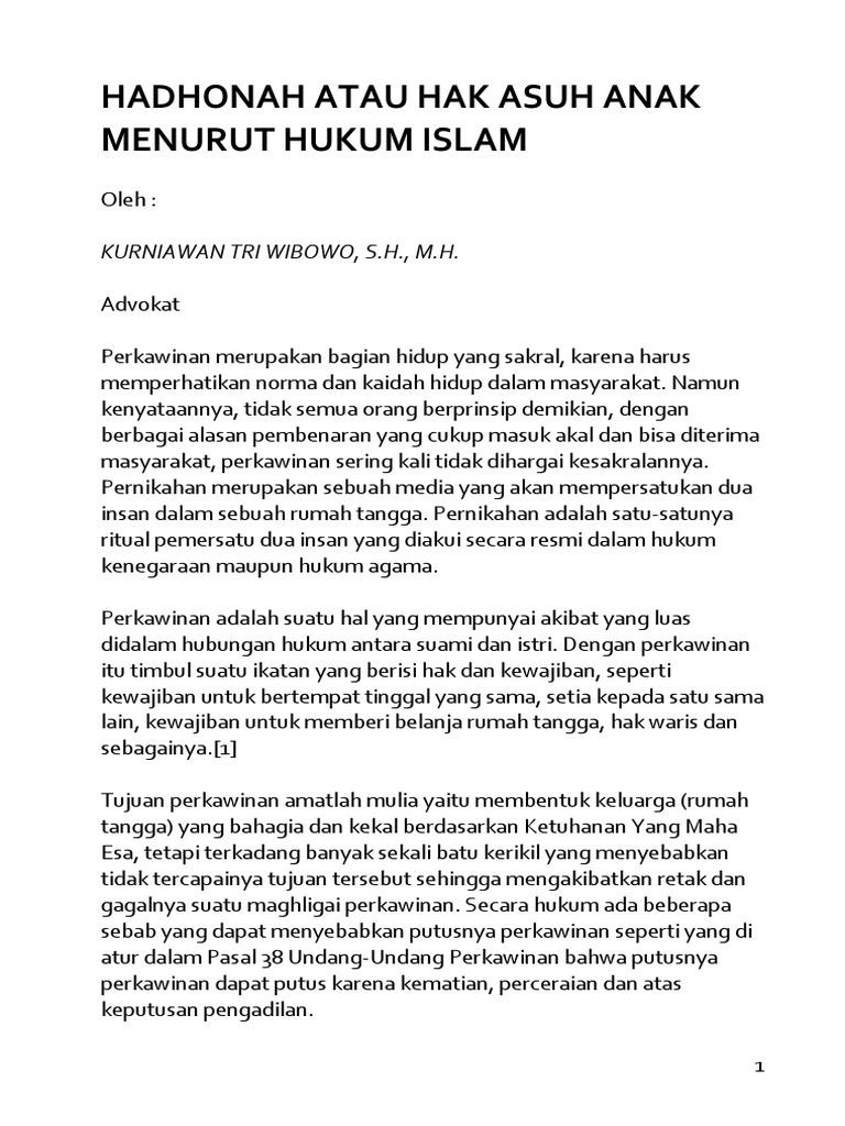 Hadhonah Atau Hak Asuh Anak Menurut Hukum Islam Pdf