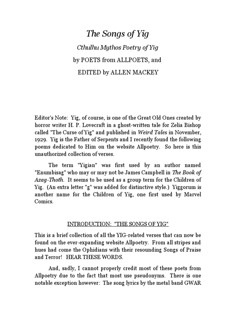 The Songs Of Yig Edited By Allen Mackey H P Lovecraft Cthulhu Mythos