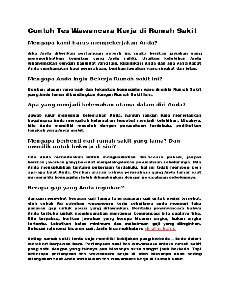 Contoh Tes Wawancara Kerja Di Rumah Sakit