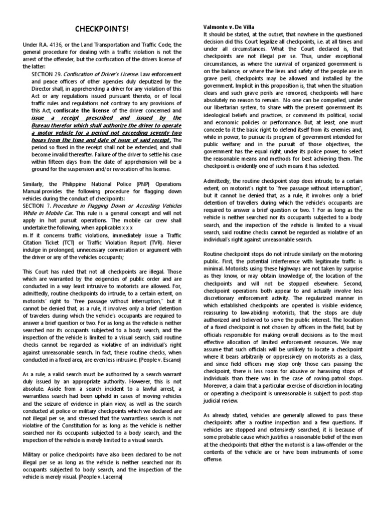 Legality of Checkpoints Explained | PDF | Search And Seizure | Search ...