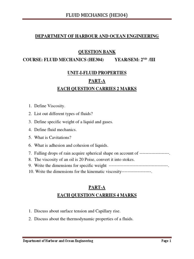 HE304 Fluid Mechanics Question Bank | PDF | Boundary Layer | Fluid Dynamics