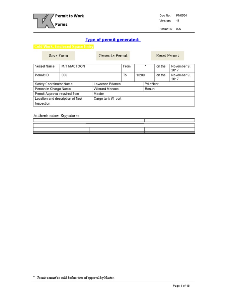 FM0554 Permit To Work | PDF | Personal Protective Equipment | Risk ...