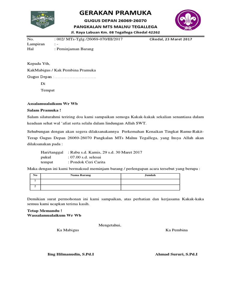 Surat Izin Peminjaman Tenda