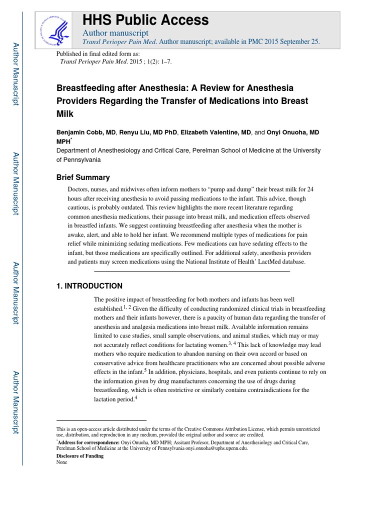 Breastfeeding After Anesthesia, A Review For Anesthesia Providers