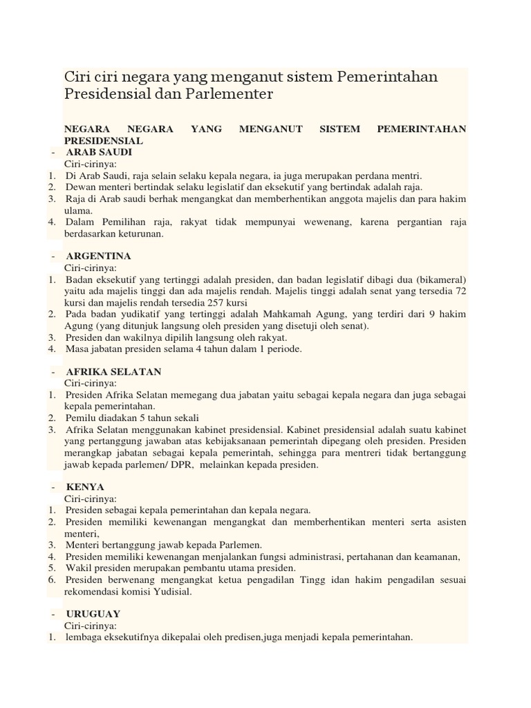 Ciri Ciri Negara Yang Menganut Sistem Pemerintahan Presidensial Dan Parlementer Pdf